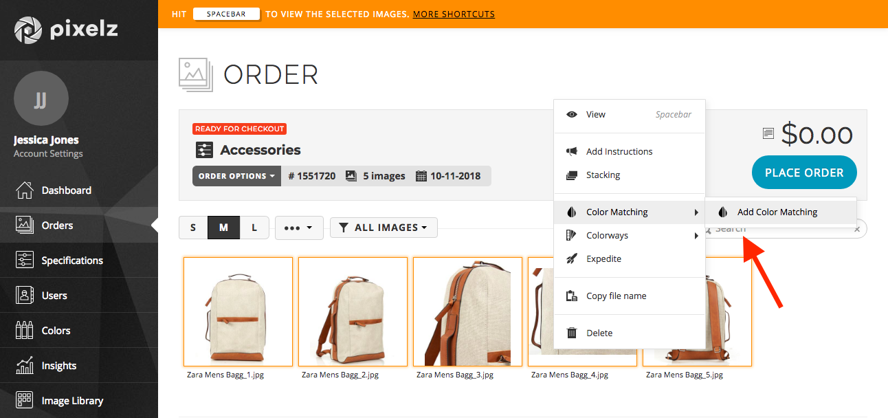 Screenshot online product image color matching service, adding to order